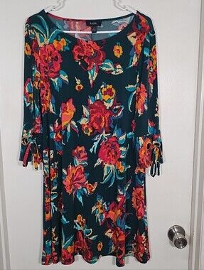 MSK Women's M Shift Dress A Line Floral 3/4 Sleeves Stretch Dark Teal/Red